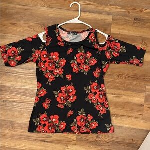 Fever Floral Cold Shoulder Blouse - Black and Red